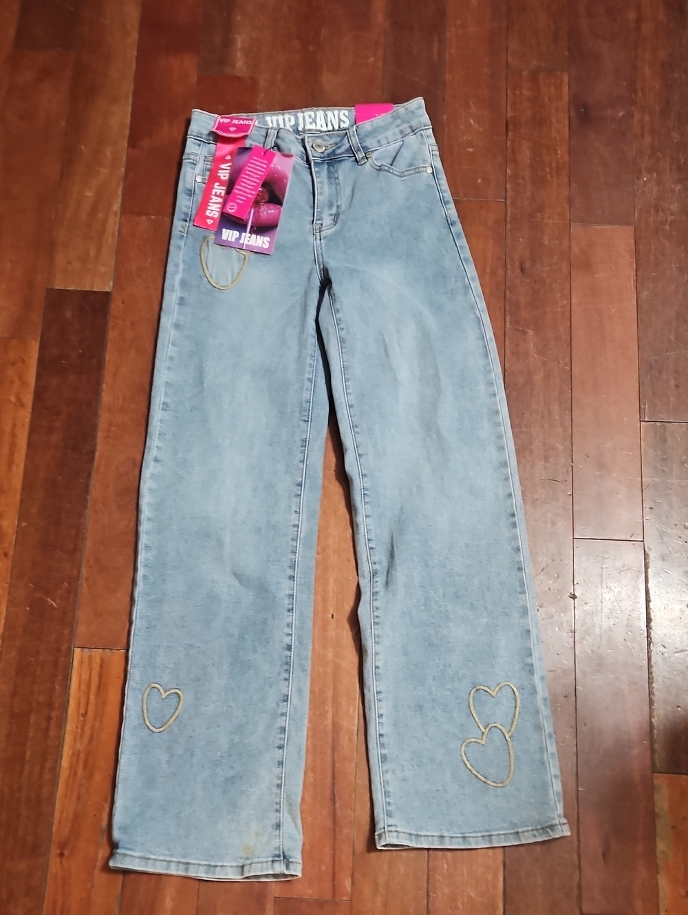 VIP Light Wash Straight Leg Jeans with Heart Stitching